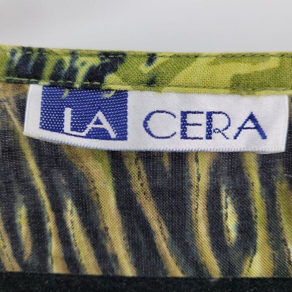 Vintage 80's La Cera Dress Rayon Scoop Button Shift Midi Safari Animals Green XL - Picture 13 of 15